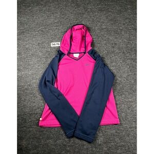 Reebok Play Dry Athletic Shirt Womens Large Pink Navy Mesh Hooded Long Sleeve